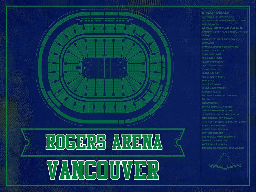 14" x 11" / Stretched Canvas Wrap Cutler West Vancouver Canucks Team Colors - Rogers Arena Vintage Hockey Blueprint NHL Print