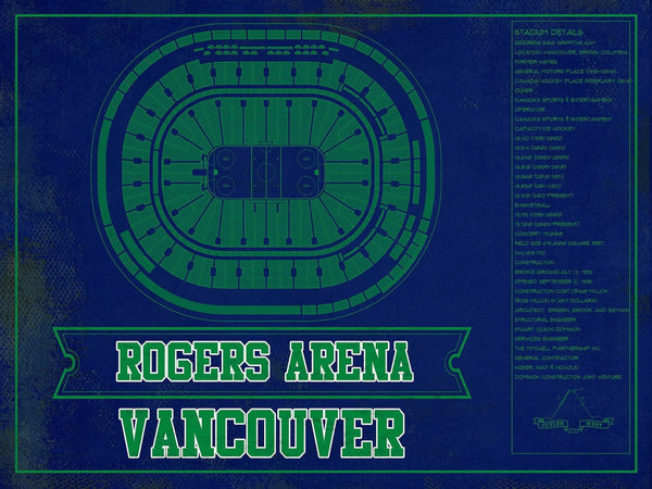 14" x 11" / Unframed Cutler West Vancouver Canucks Team Colors - Rogers Arena Vintage Hockey Blueprint NHL Print