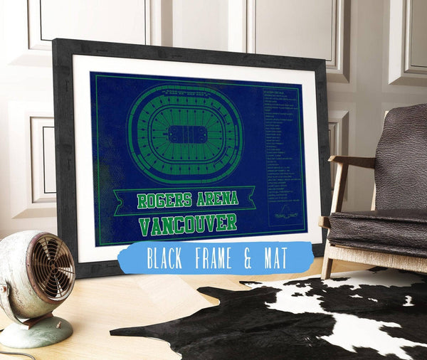 20" x 16" / Black Frame & Mat Cutler West Vancouver Canucks Team Colors - Rogers Arena Vintage Hockey Blueprint NHL Print