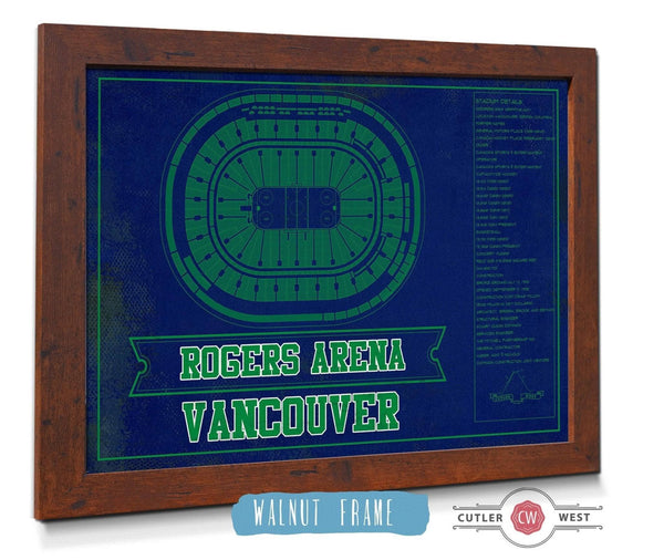 20" x 16" / Walnut Frame Cutler West Vancouver Canucks Team Colors - Rogers Arena Vintage Hockey Blueprint NHL Print
