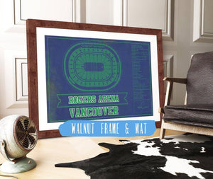 20" x 16" / Walnut Frame & Mat Cutler West Vancouver Canucks Team Colors - Rogers Arena Vintage Hockey Blueprint NHL Print