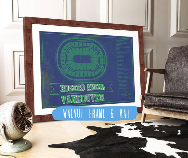 20" x 16" / Walnut Frame & Mat Cutler West Vancouver Canucks Team Colors - Rogers Arena Vintage Hockey Blueprint NHL Print