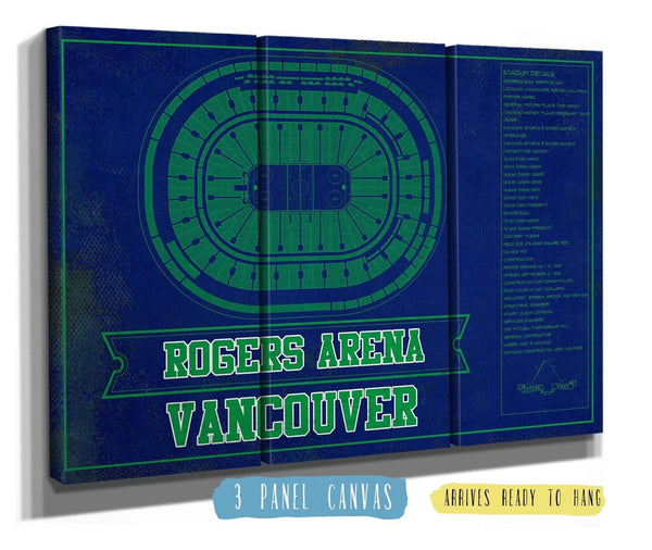 48" x 36" / 3 Panel Canvas Wrap Cutler West Vancouver Canucks Team Colors - Rogers Arena Vintage Hockey Blueprint NHL Print