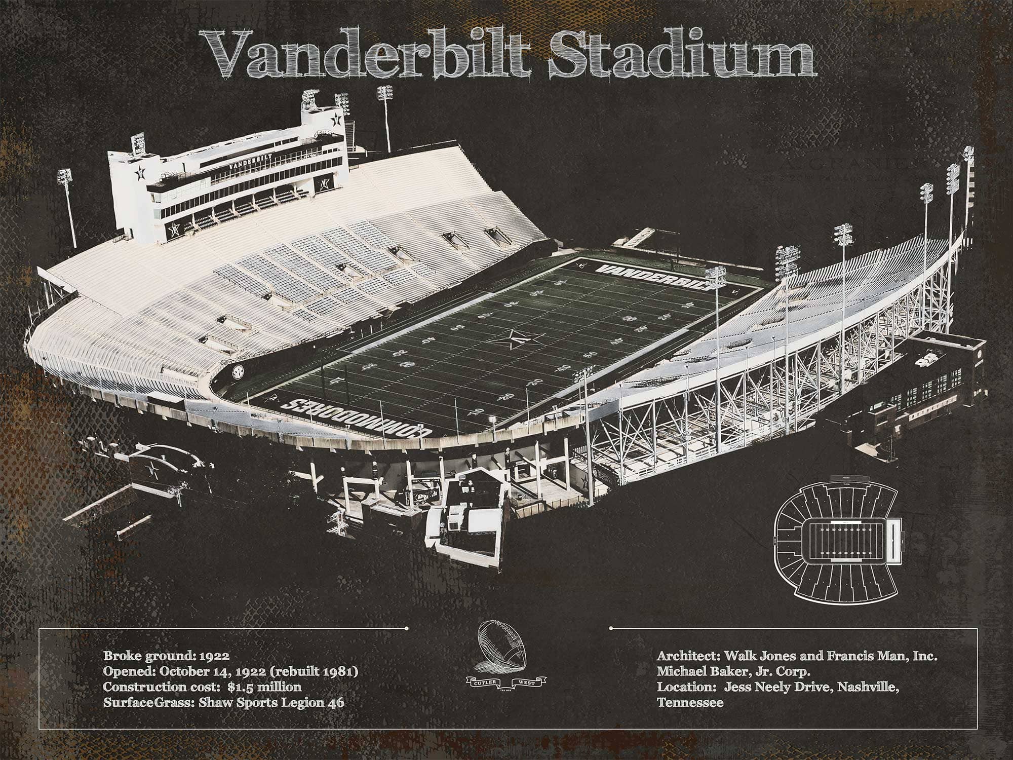 Cutler West College Football Collection 14" x 11" / Unframed Vanderbilt Commodores Football Art - Vanderbilt Stadium Wall Art 935629846_9235
