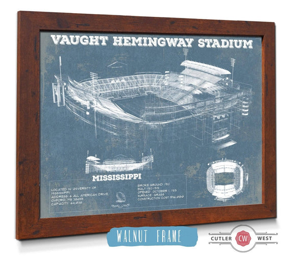20" x 16" / Walnut Frame Cutler West Vaught-Hemingway Stadium - Ole Miss Football Vintage Art Print