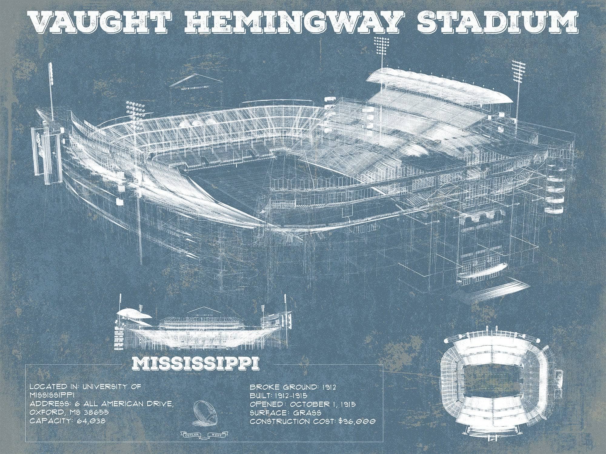 Cutler West College Football Collection 14" x 11" / Unframed Vaught-Hemingway Stadium - Ole Miss Football Vintage Art Print 845000329_9433