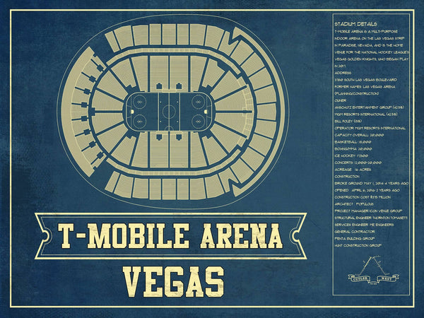 14" x 11" / Unframed Cutler West Vegas Golden Knights T-Mobile Arena Seating Chart - Vintage Hockey Print