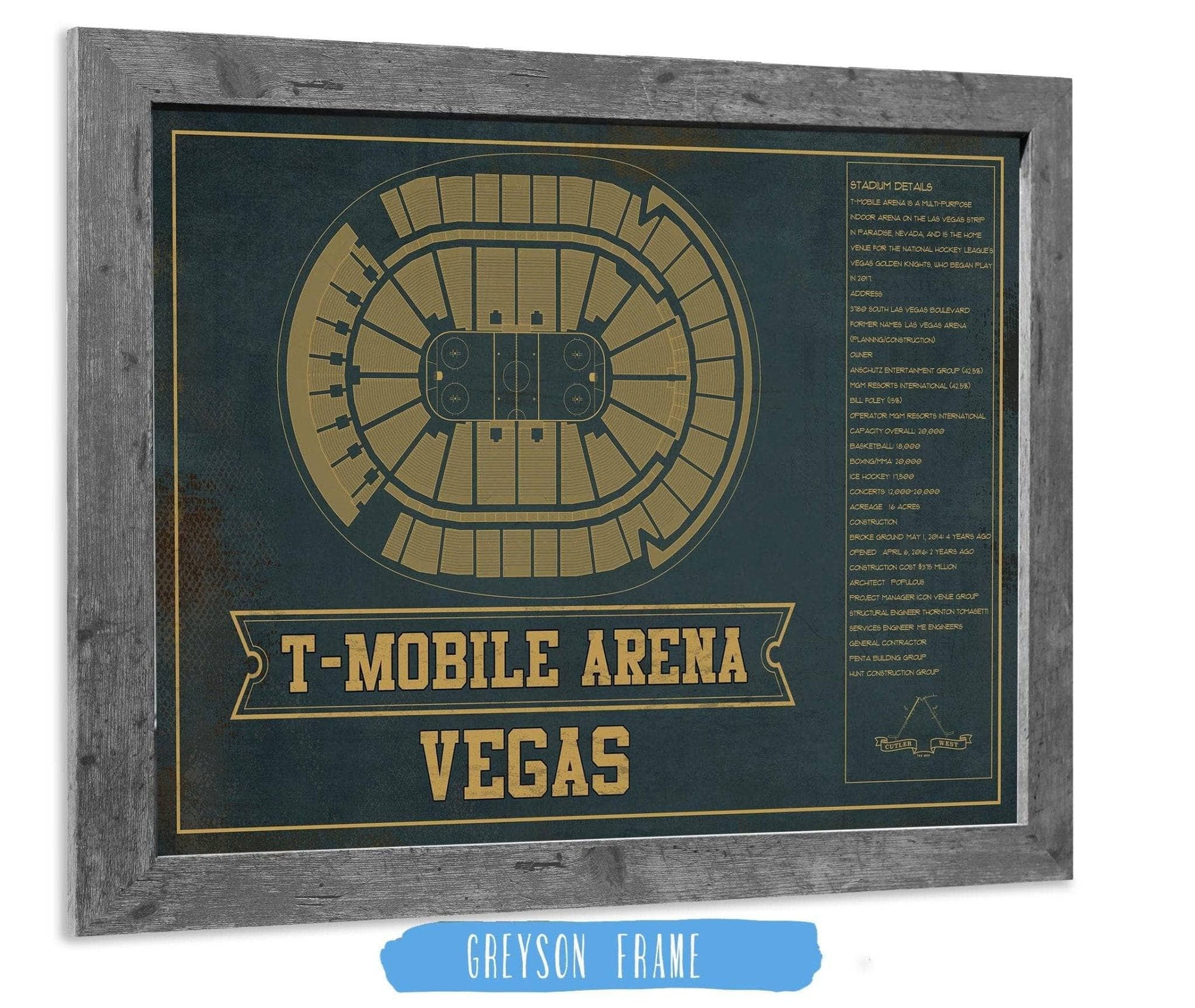 Cutler West 14" x 11" / Greyson Frame Vegas Golden Knights T-Mobile Arena Team Color Seating Chart - Vintage Hockey Print 673825529-TEAM