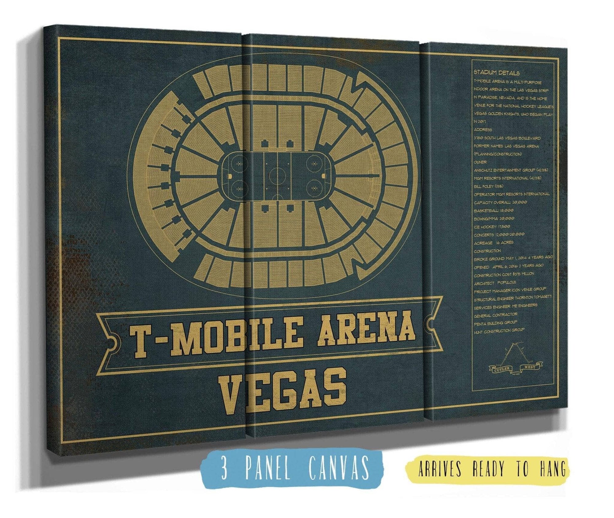 Cutler West 48" x 32" / 3 Panel Canvas Wrap Vegas Golden Knights T-Mobile Arena Team Color Seating Chart - Vintage Hockey Print 673825529-TEAM