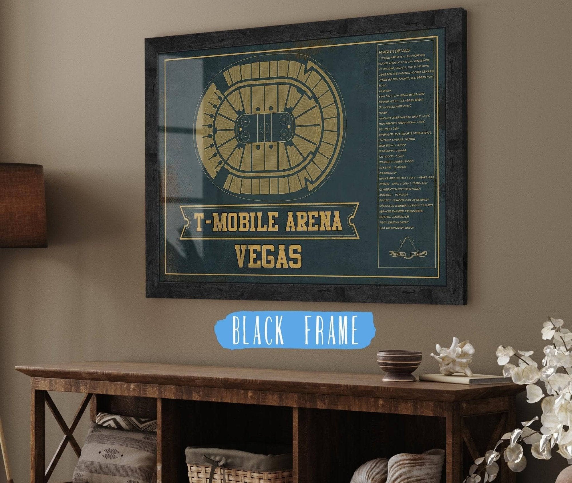 Cutler West 14" x 11" / Black Frame Vegas Golden Knights T-Mobile Arena Team Color Seating Chart - Vintage Hockey Print 673825529-TEAM