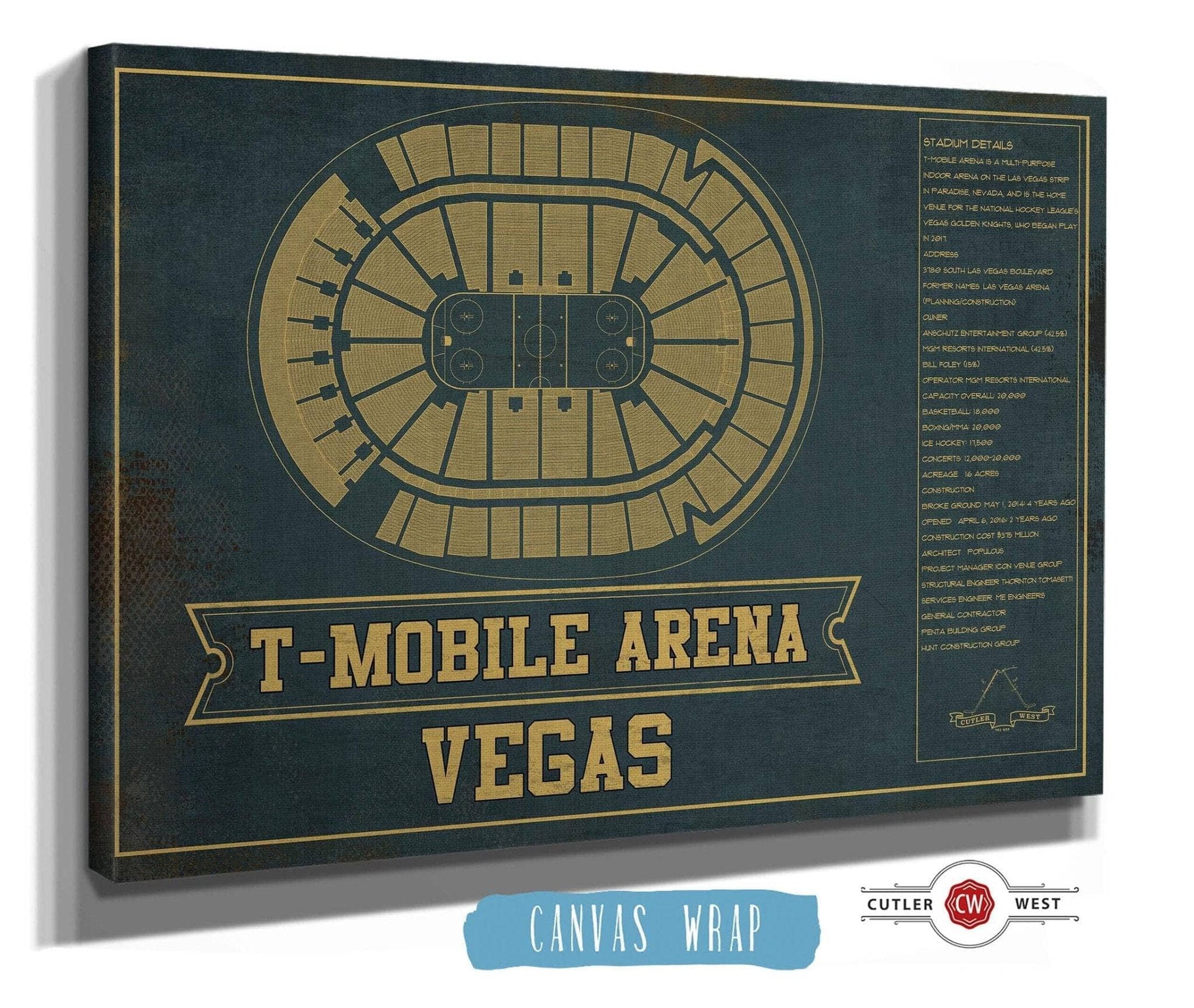 Cutler West 14" x 11" / Stretched Canvas Wrap Vegas Golden Knights T-Mobile Arena Team Color Seating Chart - Vintage Hockey Print 673825529-TEAM
