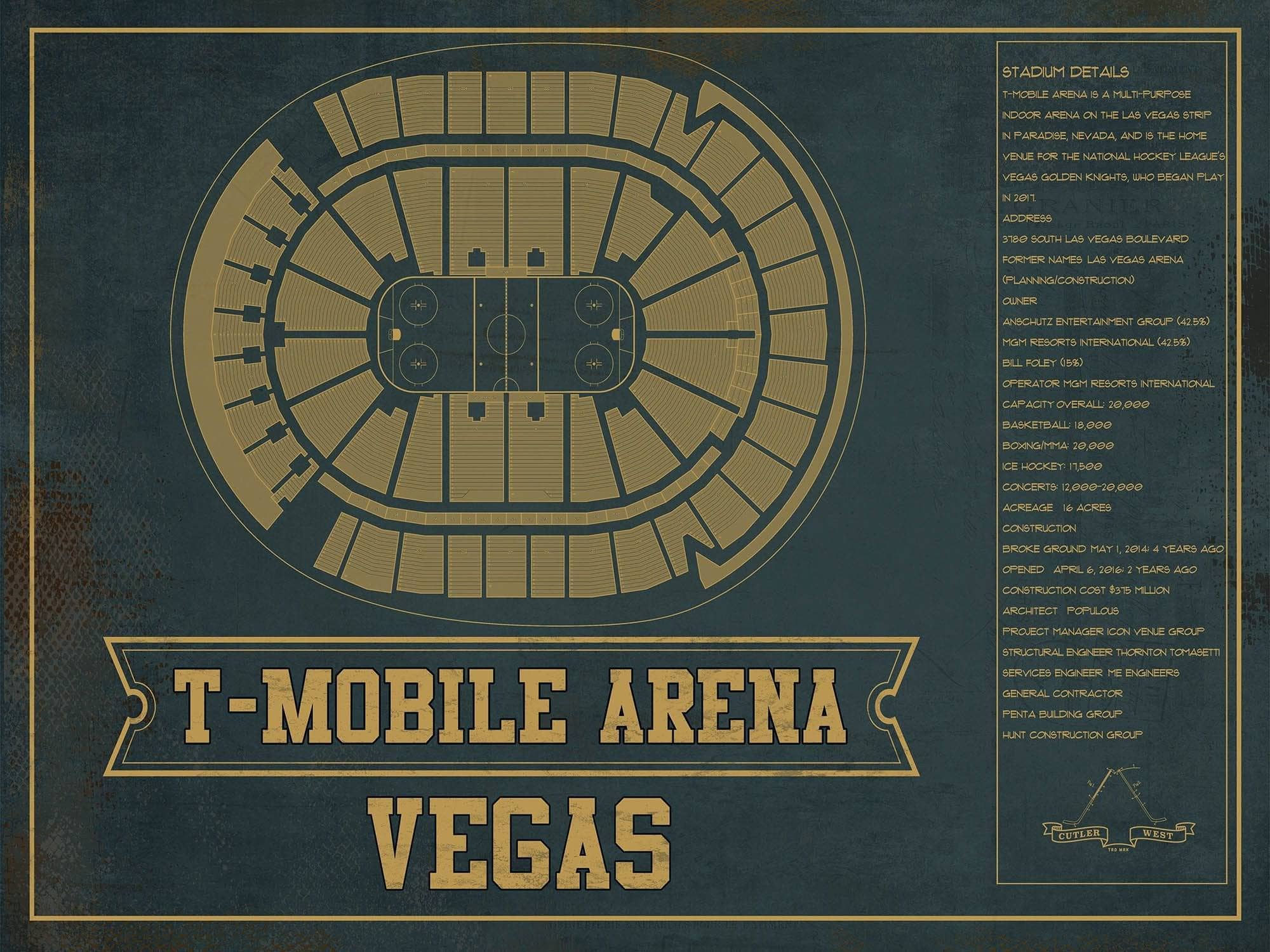 Cutler West 14" x 11" / Unframed Vegas Golden Knights T-Mobile Arena Team Color Seating Chart - Vintage Hockey Print 673825529-TEAM