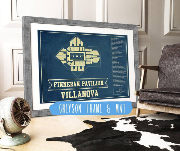 14" x 11" / Greyson Frame & Mat Cutler West Villanova Wildcats - Finneran Pavilion Seating Chart - College Basketball Blueprint Art