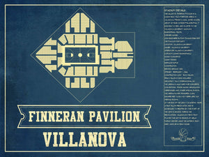 14" x 11" / Unframed Cutler West Villanova Wildcats - Finneran Pavilion Seating Chart - College Basketball Blueprint Art