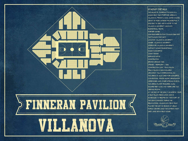14" x 11" / Unframed Cutler West Villanova Wildcats - Finneran Pavilion Seating Chart - College Basketball Blueprint Art