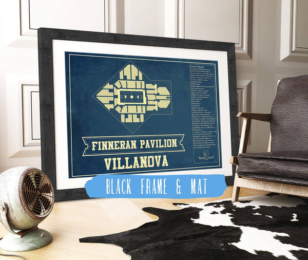 20" x 16" / Black Frame & Mat Cutler West Villanova Wildcats - Finneran Pavilion Seating Chart - College Basketball Blueprint Art