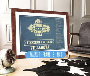 20" x 16" / Walnut Frame & Mat Cutler West Villanova Wildcats - Finneran Pavilion Seating Chart - College Basketball Blueprint Art