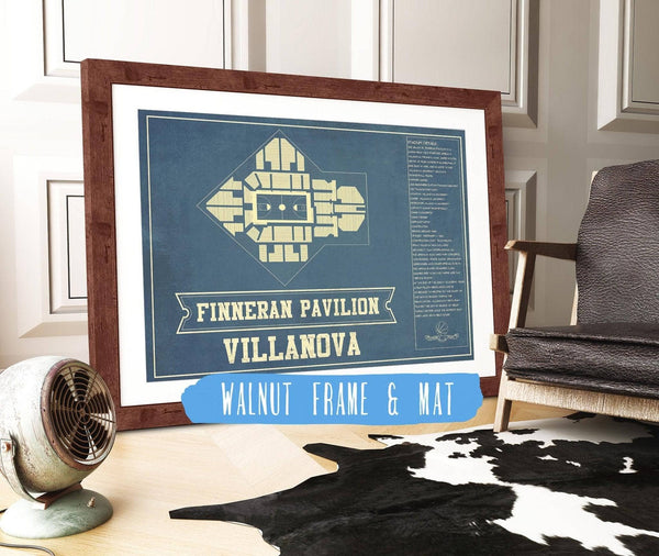 20" x 16" / Walnut Frame & Mat Cutler West Villanova Wildcats - Finneran Pavilion Seating Chart - College Basketball Blueprint Art