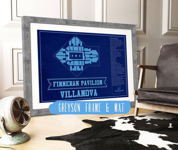 14" x 11" / Greyson Frame & Mat Cutler West Villanova Wildcats - Finneran Pavilion Seating Chart - College Basketball Blueprint Team Color Art