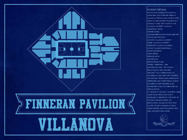 14" x 11" / Unframed Cutler West Villanova Wildcats - Finneran Pavilion Seating Chart - College Basketball Blueprint Team Color Art