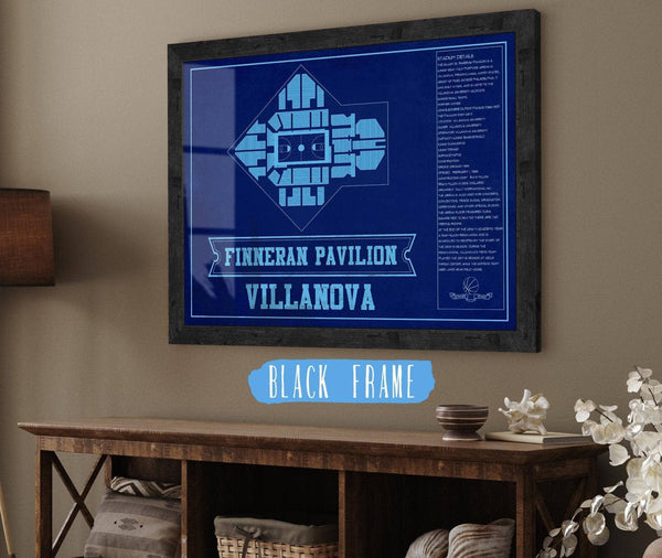 20" x 16" / Black Frame Cutler West Villanova Wildcats - Finneran Pavilion Seating Chart - College Basketball Blueprint Team Color Art