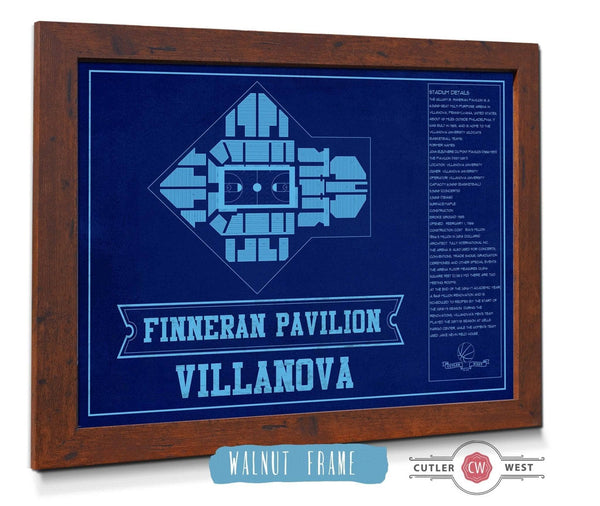 20" x 16" / Walnut Frame Cutler West Villanova Wildcats - Finneran Pavilion Seating Chart - College Basketball Blueprint Team Color Art