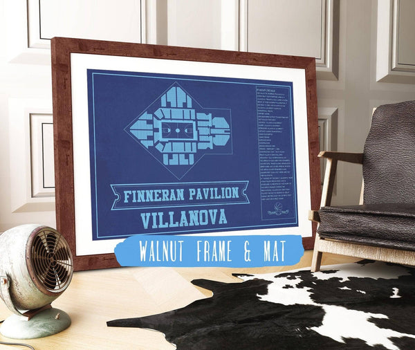 20" x 16" / Walnut Frame & Mat Cutler West Villanova Wildcats - Finneran Pavilion Seating Chart - College Basketball Blueprint Team Color Art