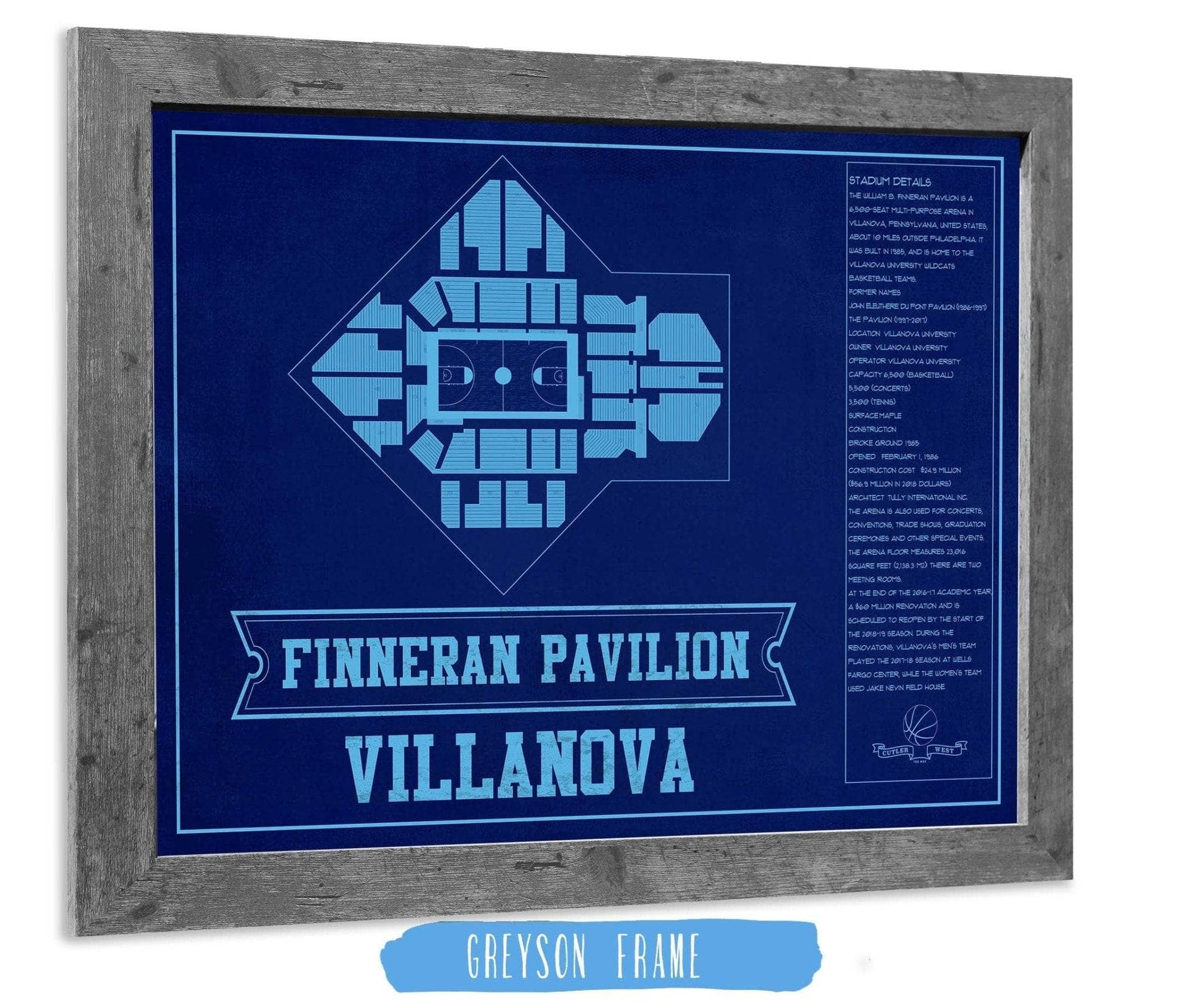 Cutler West Basketball Collection 14" x 11" / Greyson Frame Villanova Wildcats - Finneran Pavilion Seating Chart - College Basketball Blueprint Team Color Art 675916227-TEAM84951