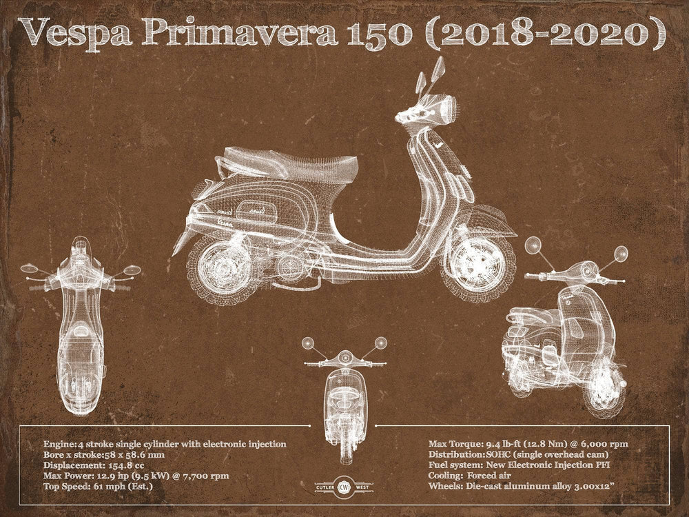 14" x 11" / Stretched Canvas Wrap Cutler West Vintage 2018 - 2020 Vespa Primavera 150 Patent Print