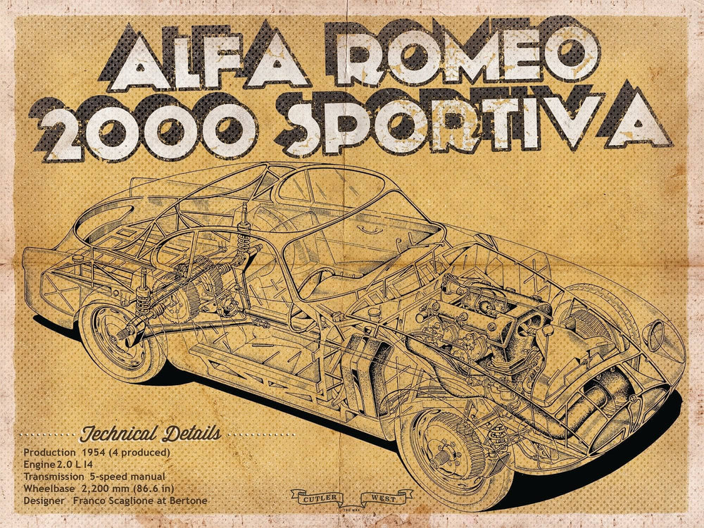 14" x 11" / Stretched Canvas Wrap Cutler West Vintage Alfa Romeo 2000 Sportiva Sports Car Print