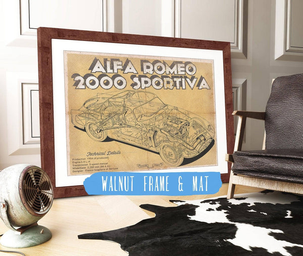 20" x 16" / Walnut Frame & Mat Cutler West Vintage Alfa Romeo 2000 Sportiva Sports Car Print