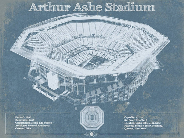 14" x 11" / Unframed Cutler West Vintage Arthur Ashe US Open Tennis Blueprint Art