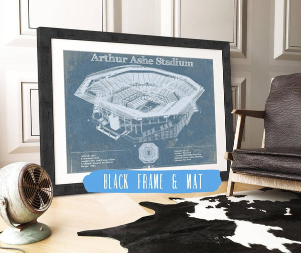 20" x 16" / Black Frame & Mat Cutler West Vintage Arthur Ashe US Open Tennis Blueprint Art