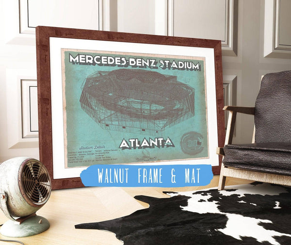 20" x 16" / Walnut Frame & Mat Cutler West Vintage Atlanta Falcons - Mercedes-Benz Stadium Football Print