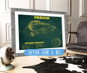 14" x 11" / Greyson Frame & Mat Cutler West Vintage Autzen Stadium Blueprint - Oregon Ducks Football Print