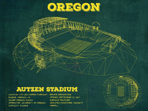 14" x 11" / Unframed Cutler West Vintage Autzen Stadium Blueprint - Oregon Ducks Football Print