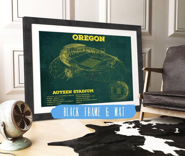 20" x 16" / Black Frame & Mat Cutler West Vintage Autzen Stadium Blueprint - Oregon Ducks Football Print