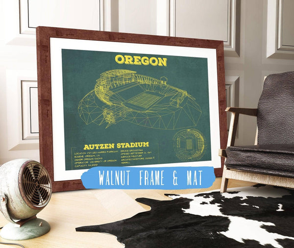 20" x 16" / Walnut Frame & Mat Cutler West Vintage Autzen Stadium Blueprint - Oregon Ducks Football Print