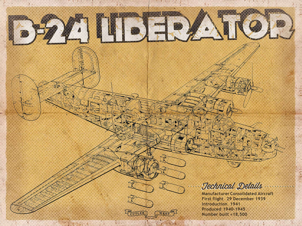 14" x 11" / Unframed Cutler West Vintage B-24 Liberator Bomber Military Print