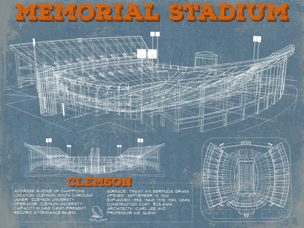 14" x 11" / Unframed Cutler West Vintage Clemson Tigers - Memorial Stadium Football Print