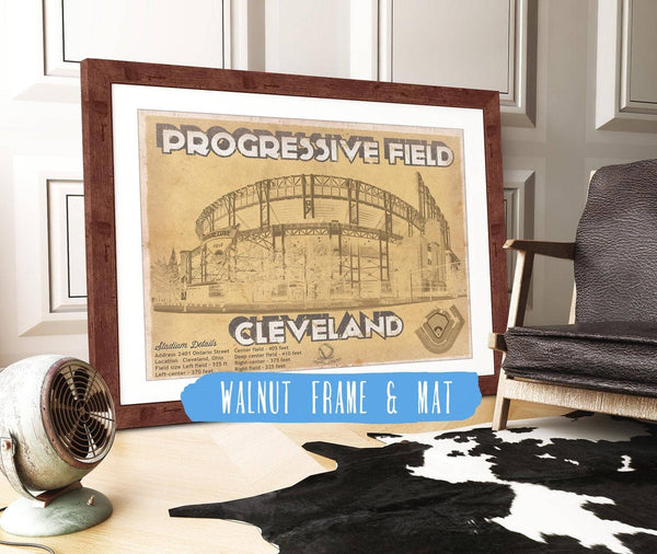 20" x 16" / Walnut Frame & Mat Cutler West Vintage Cleveland Indians Progressive Field Baseball Print