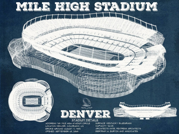 14" x 11" / Unframed Cutler West Vintage Denver Broncos Mile High Stadium Football Print