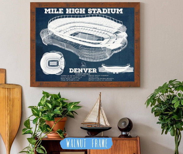 20" x 16" / Walnut Frame Cutler West Vintage Denver Broncos Mile High Stadium Football Print