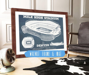 20" x 16" / Walnut Frame & Mat Cutler West Vintage Denver Broncos Mile High Stadium Football Print