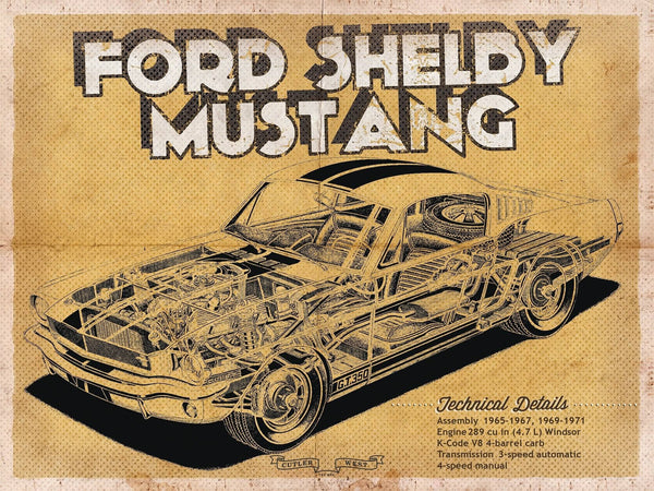 14" x 11" / Unframed Cutler West Vintage Ford Shelby Mustang Sports Car Print