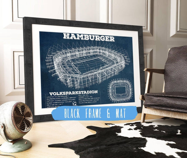 20" x 16" / Black Frame & Mat Cutler West Vintage Hamburger Sv Football Volksparkstadion Stadium Blueprint Soccer Print