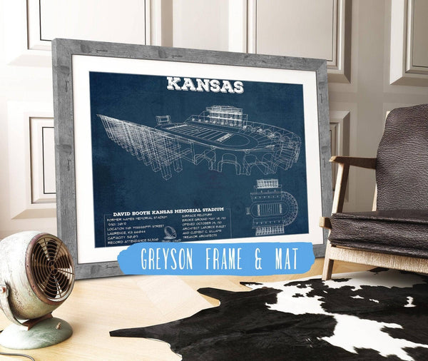 14" x 11" / Greyson Frame & Mat Cutler West Vintage Kansas Jayhawks Art - Kansas Memorial Stadium Blueprint Football Print