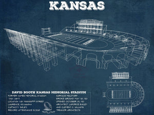14" x 11" / Unframed Cutler West Vintage Kansas Jayhawks Art - Kansas Memorial Stadium Blueprint Football Print