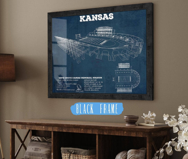 20" x 16" / Black Frame Cutler West Vintage Kansas Jayhawks Art - Kansas Memorial Stadium Blueprint Football Print