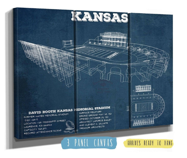 36" x 24" / 3 Panel Canvas Wrap Cutler West Vintage Kansas Jayhawks Art - Kansas Memorial Stadium Blueprint Football Print